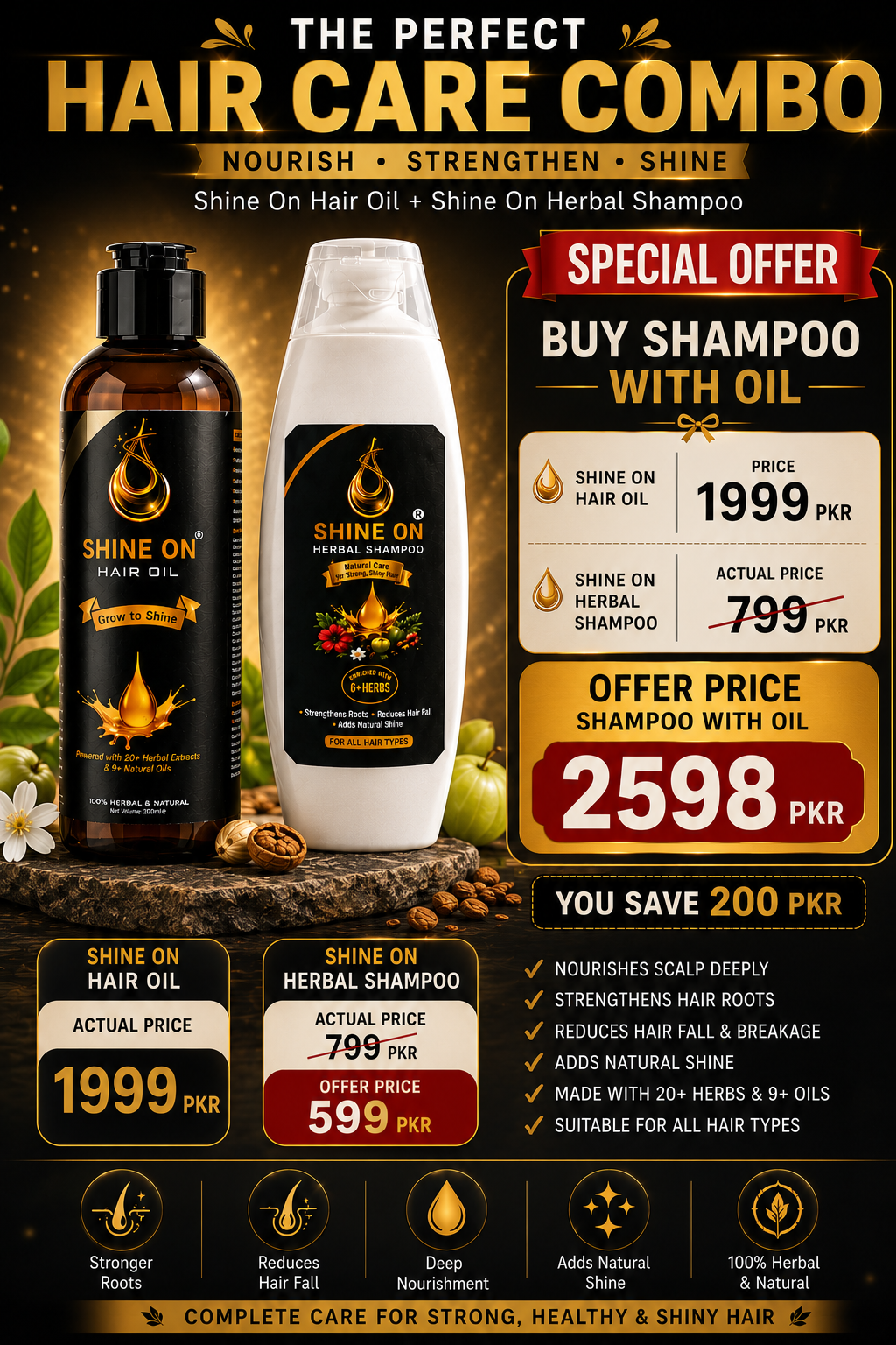 🌿 Shine On Hair Care Combo – Buy Hair Oil & Get Herbal Shampoo for Only Rs. 599!